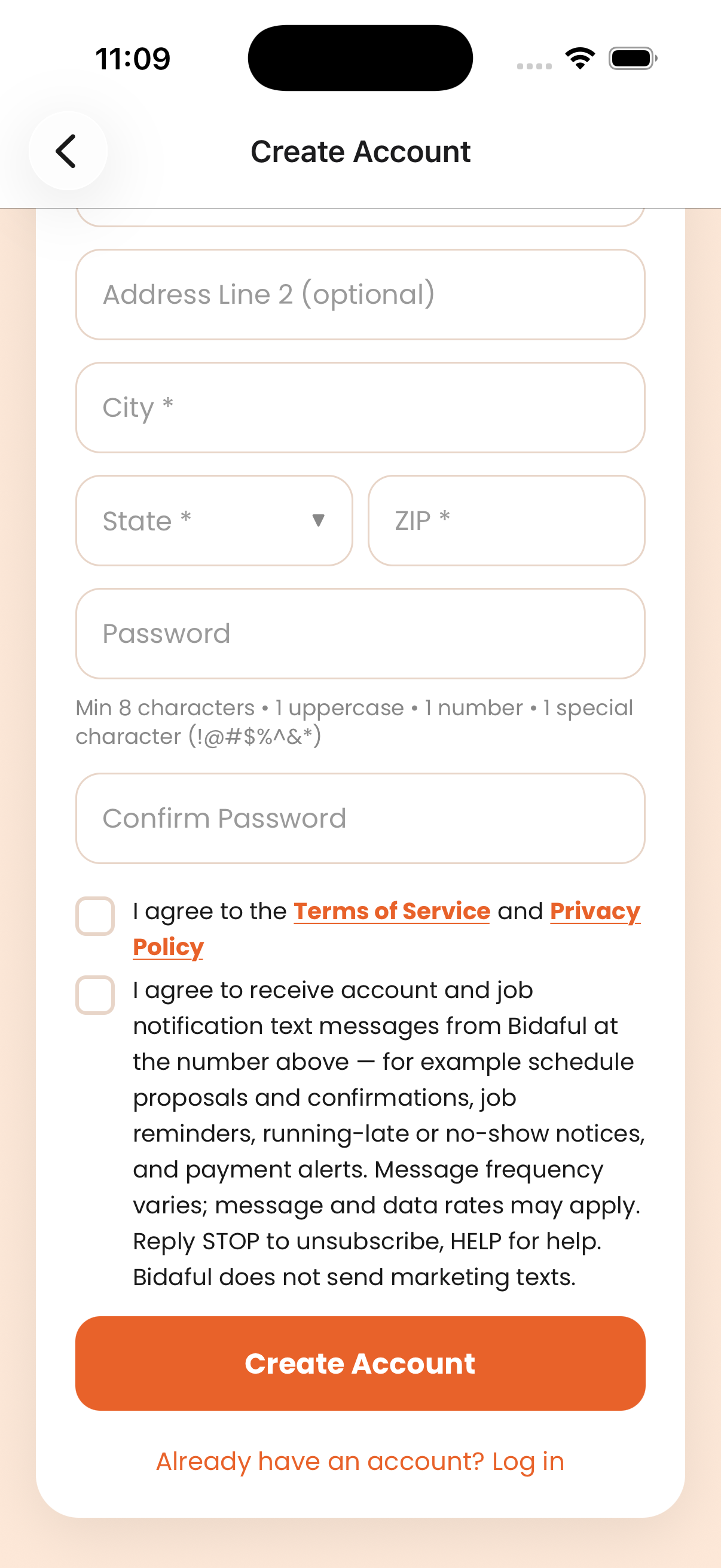 Bidaful Create Account screen showing two unchecked consent checkboxes: one for Terms and Privacy Policy, one for account and job notification text messages, above the Create Account button